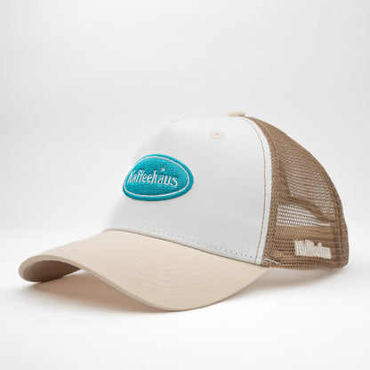 Kaffeehaus Trucker Cap, türkis, weiß, beige