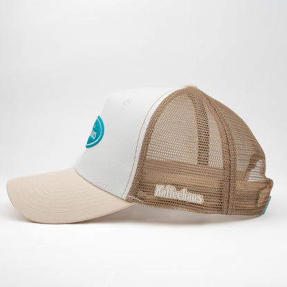 Kaffeehaus Trucker Cap, türkis, weiß, beige